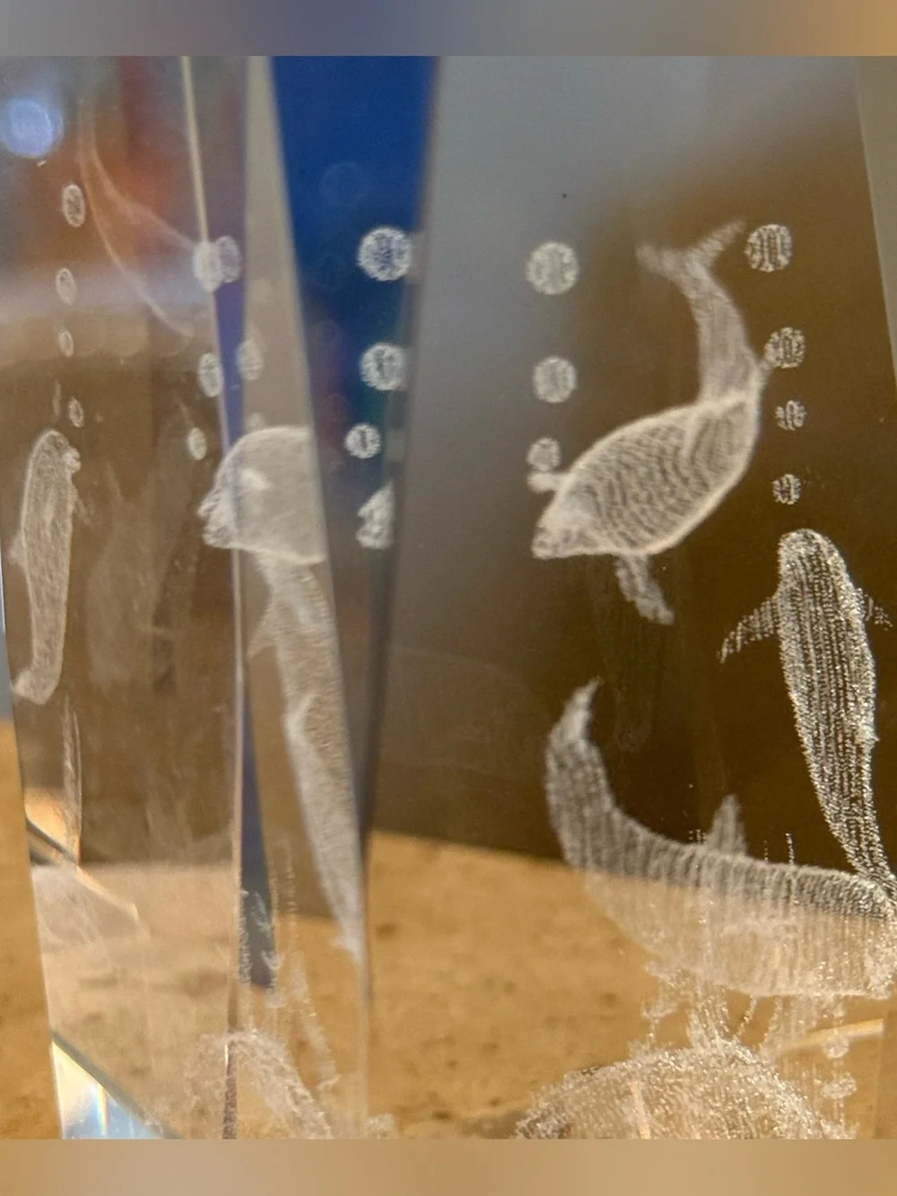 Vintage 3D Laser Etched Crystal Dolphin Glass Paperweight Decor